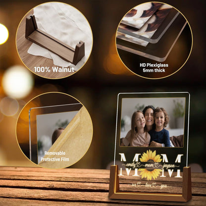 Personalized Mom Acrylic Lamp | Custom Photo Sunflower Gift for Mom | Mother’s Day Night Light | Family Keepsake with Walnut Wood Base - product image 6