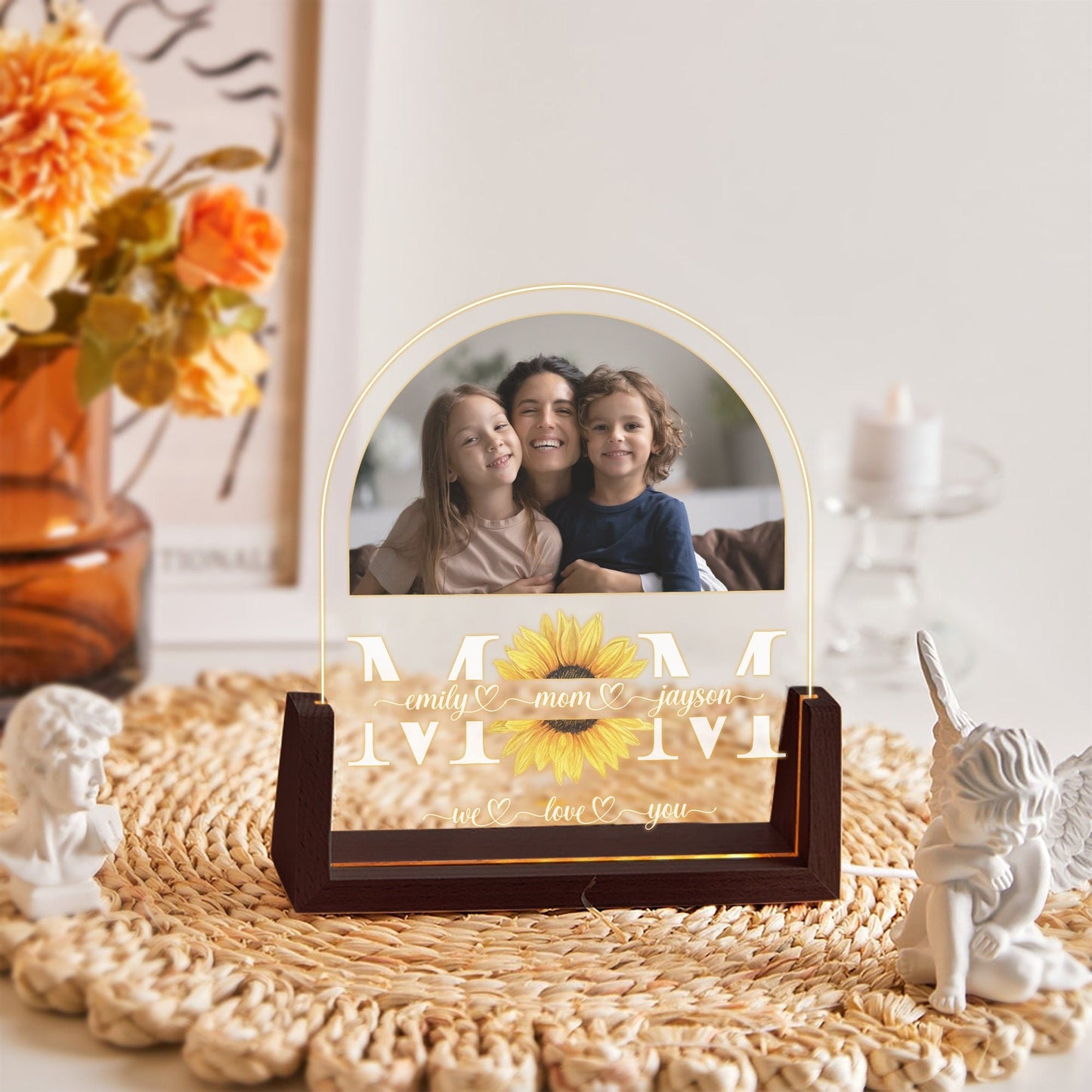 Personalized Mom Acrylic Lamp | Custom Photo Sunflower Gift for Mom | Mother’s Day Night Light | Family Keepsake with Walnut Wood Base - product image 7