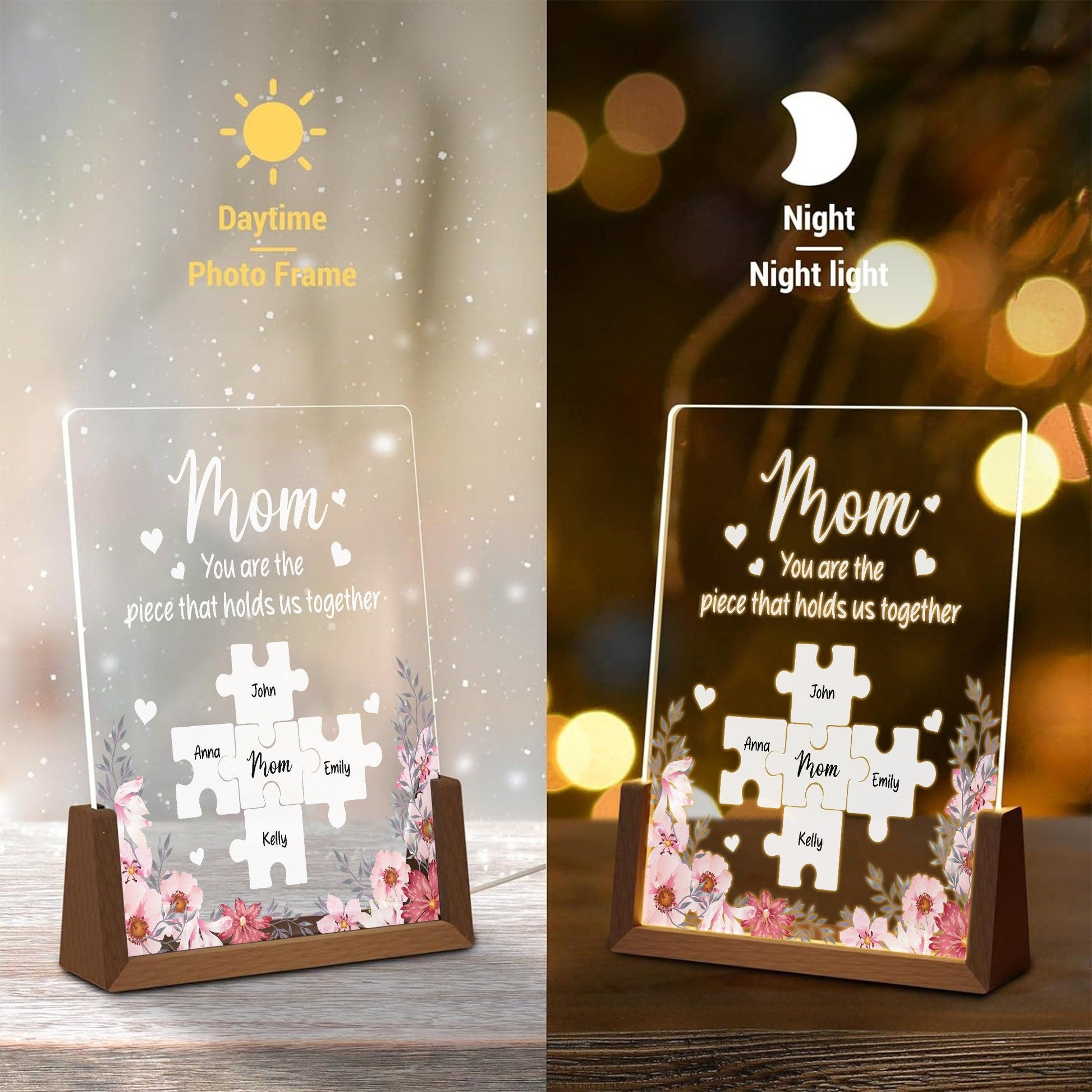 Personalized Puzzle Acrylic Lamp for Mom, Custom Family Name Light, Mother’s Day Gift with Warm Walnut Wood Base, Mothers Day Gifts - product image 2