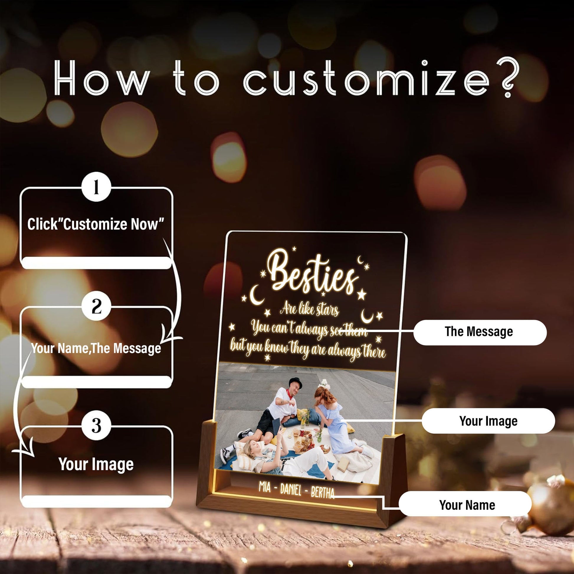 Long Distance Friendship Photo Lamp, Besties Are Like Stars Plaque, Custom Picture LED Light, Personalized Best Friend Gift - product image 6