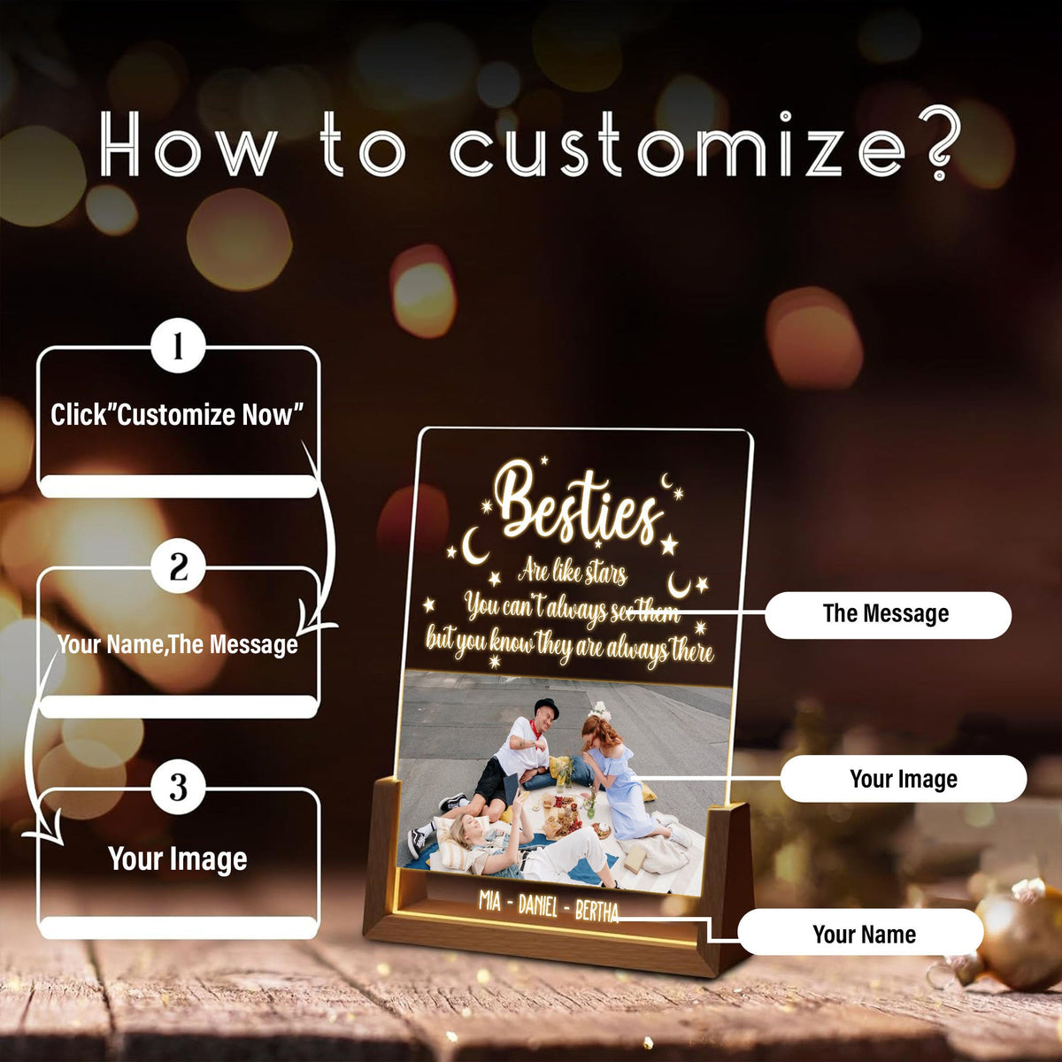 Long Distance Friendship Photo Lamp, Besties Are Like Stars Plaque, Custom Picture LED Light, Personalized Best Friend Gift - product image 6