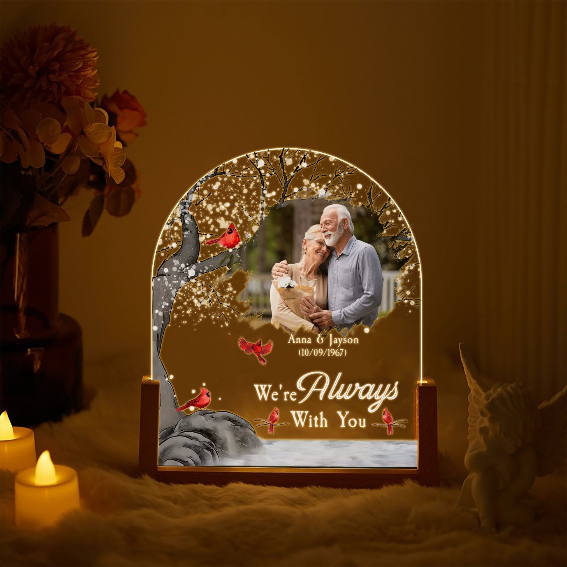 Custom Real Glass Photo Lamp, Father's Day Memorial Gift, Cardinal Sympathy Night Light, Loss of Loved One Keepsake for Dad, Grandpa Gift - product image 2