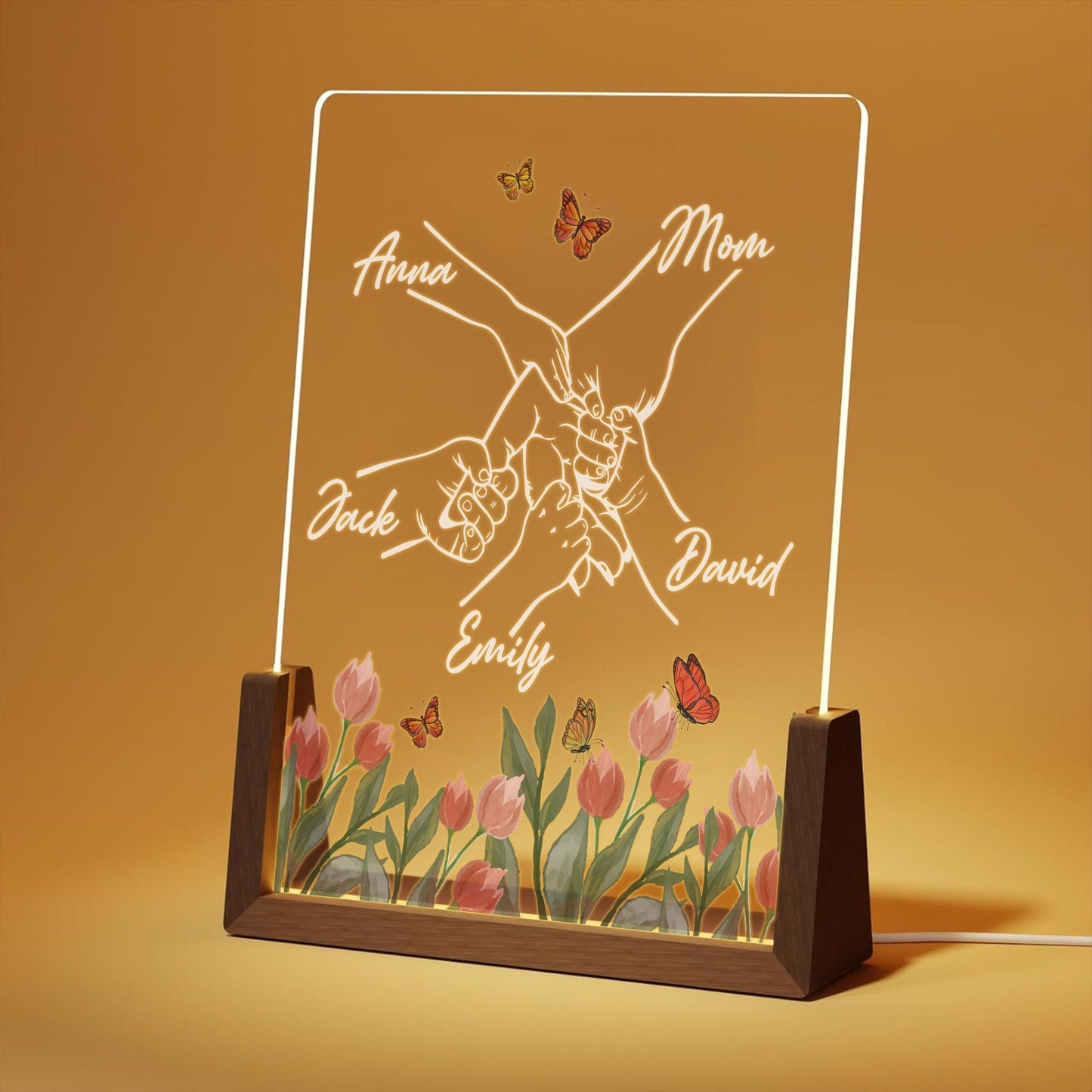 Personalized Mom and Kids Hand Acrylic Lamp |Custom Family Name Light Gift | Mother’s Day Night Light with Walnut Wood Base | Floral DecorS6 - main product image