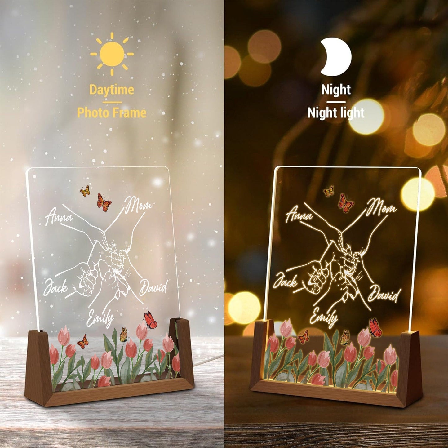 Personalized Mom and Kids Hand Acrylic Lamp |Custom Family Name Light Gift | Mother’s Day Night Light with Walnut Wood Base | Floral DecorS6 - product image 6