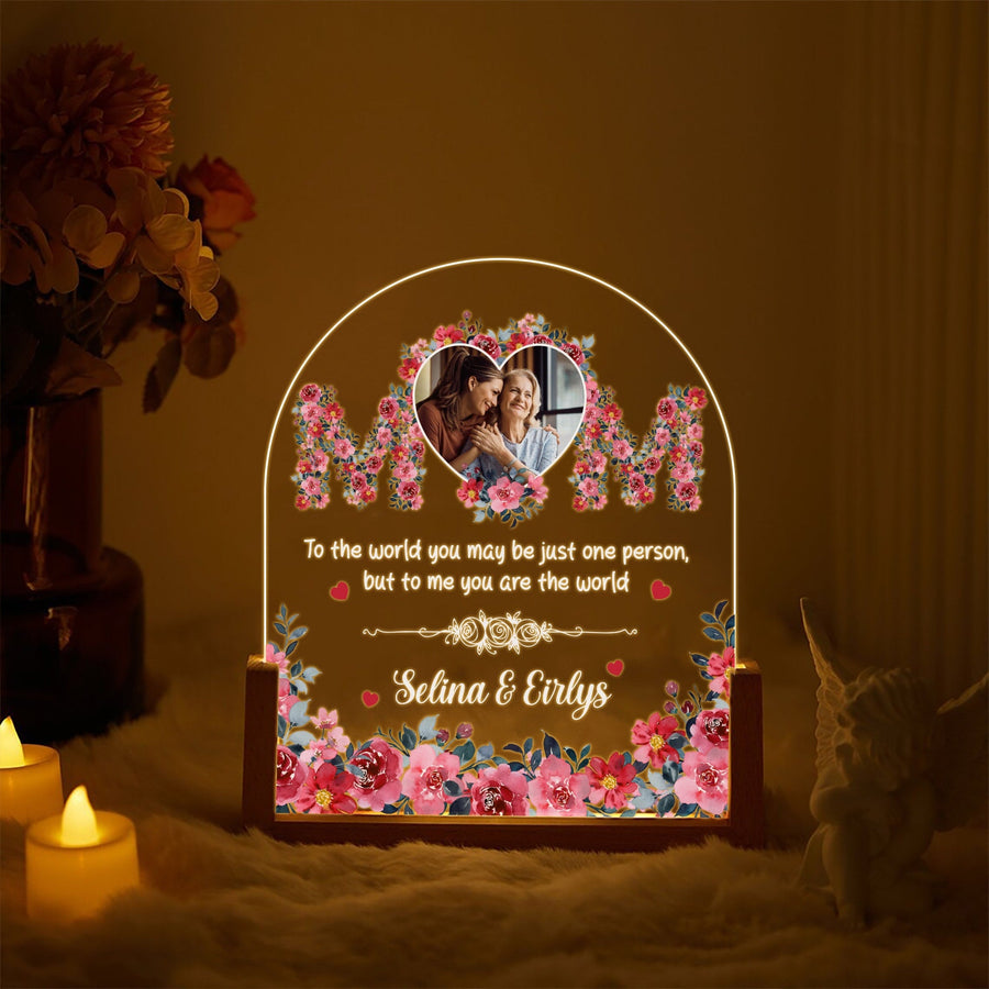 Personalized MOM Acrylic Lamp | Custom Mother’s Day Photo Gift | Floral Night Light with Walnut Wood Base | Gift for Mom from Daughter - main product image