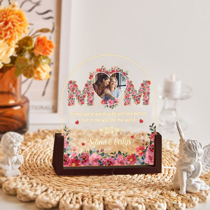 Personalized MOM Acrylic Lamp | Custom Mother’s Day Photo Gift | Floral Night Light with Walnut Wood Base | Gift for Mom from Daughter - product image 3