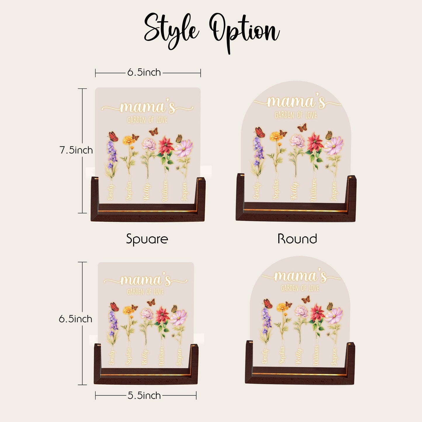 Personalized Mama’s Garden of Love Acrylic Lamp | Custom Kids Name Flower Light | Mother’s Day Gift with Walnut Wood Base | Floral Decor - product image 4