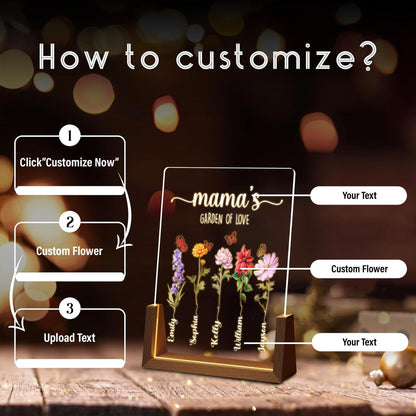Personalized Mama’s Garden of Love Acrylic Lamp | Custom Kids Name Flower Light | Mother’s Day Gift with Walnut Wood Base | Floral Decor - product image 5