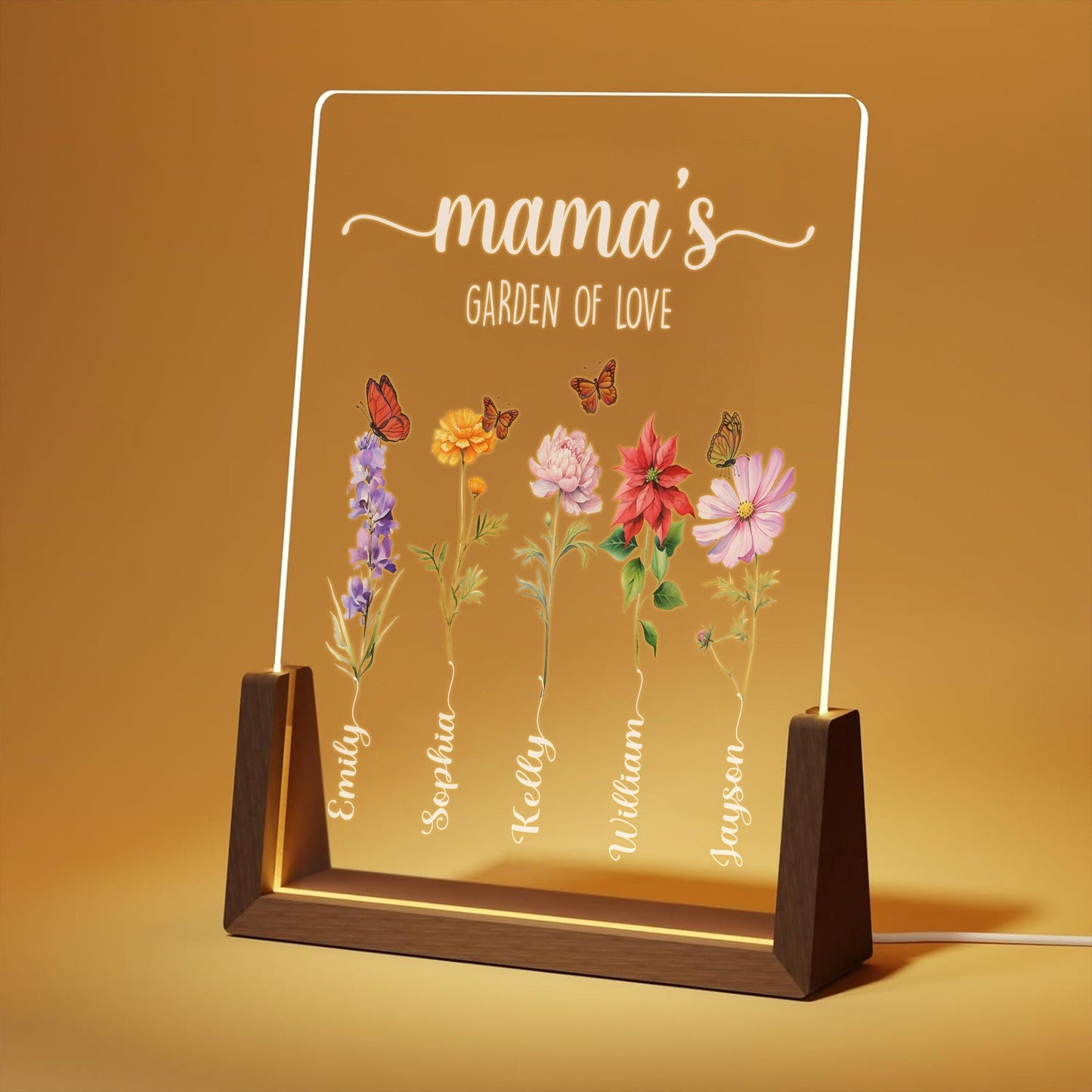 Personalized Mama’s Garden of Love Acrylic Lamp | Custom Kids Name Flower Light | Mother’s Day Gift with Walnut Wood Base | Floral Decor - main product image