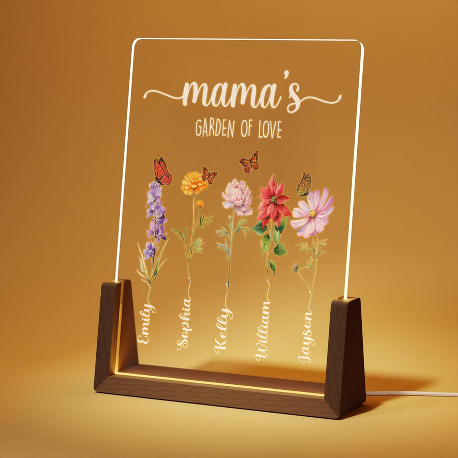 Personalized Mama’s Garden of Love Acrylic Lamp | Custom Kids Name Flower Light | Mother’s Day Gift with Walnut Wood Base | Floral Decor - main product image