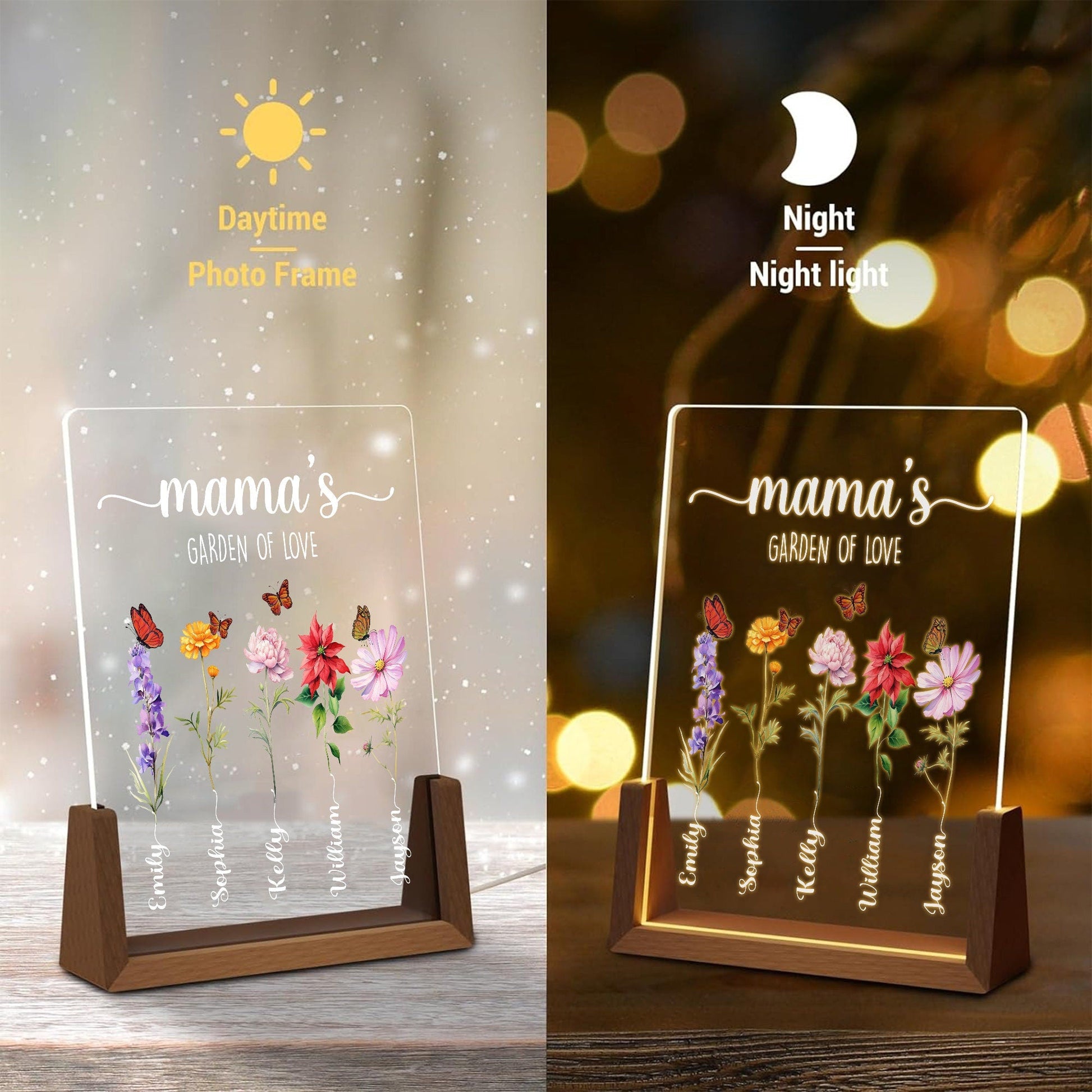 Personalized Mama’s Garden of Love Acrylic Lamp | Custom Kids Name Flower Light | Mother’s Day Gift with Walnut Wood Base | Floral Decor - product image 6