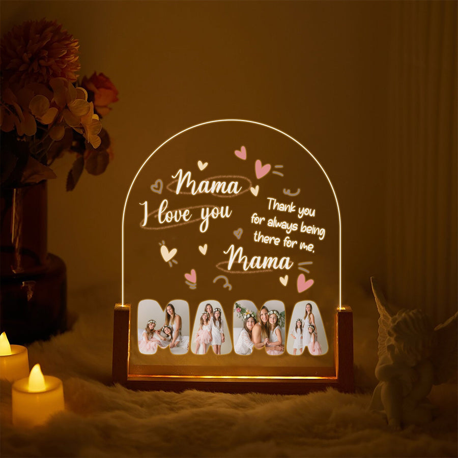 Personalized Mama Acrylic Lamp | Custom Photo Gift for Mom | Mother’s Day Night Light | I Love You Mom Keepsake with Walnut Wood Base - main product image