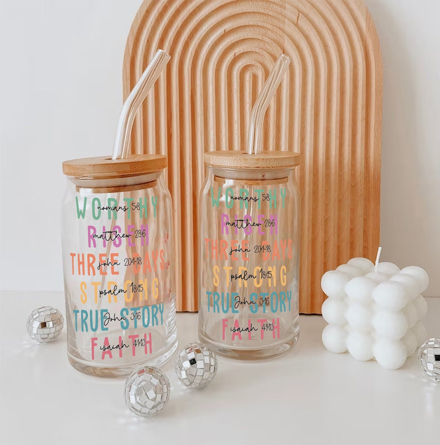 Christian Affirmations Iced Coffee Cup: Glass Can with Lid & Straw - product image 5