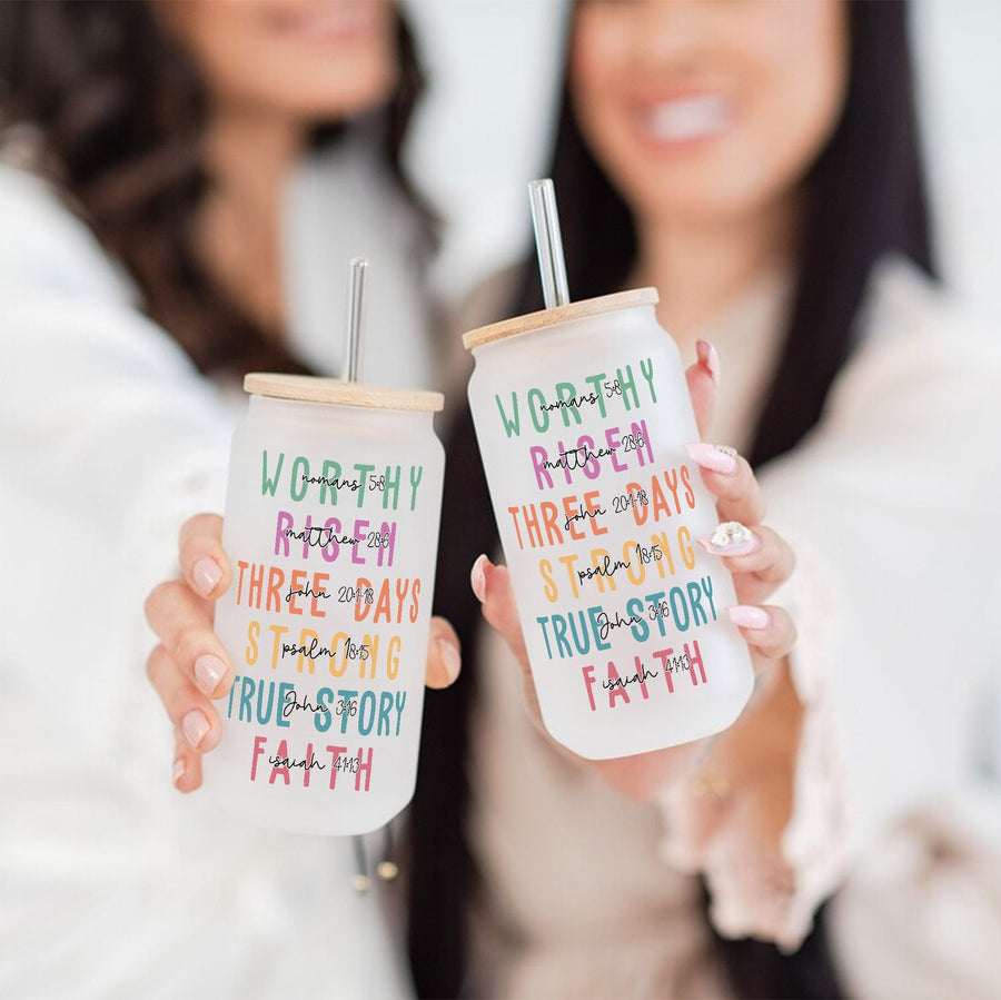 Christian Affirmations Iced Coffee Cup: Glass Can with Lid & Straw - main product image