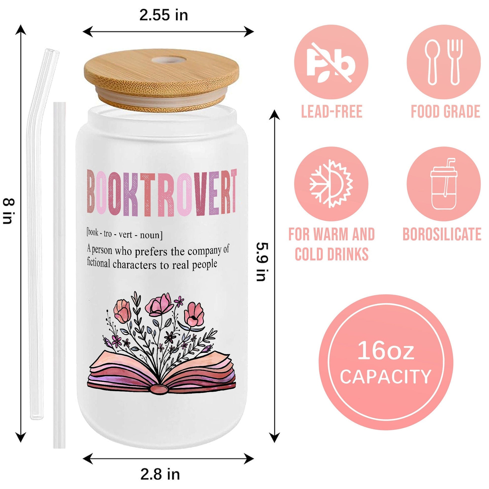 Booktrovert Glass Cup – Retro Book Lover Gift with Lid & Straw, Reusable Drinkware, Cute Tumbler, Reading Lover Present, Summer Beverage Cup - product image 5