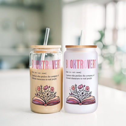 Booktrovert Glass Cup – Retro Book Lover Gift with Lid & Straw, Reusable Drinkware, Cute Tumbler, Reading Lover Present, Summer Beverage Cup - main product image