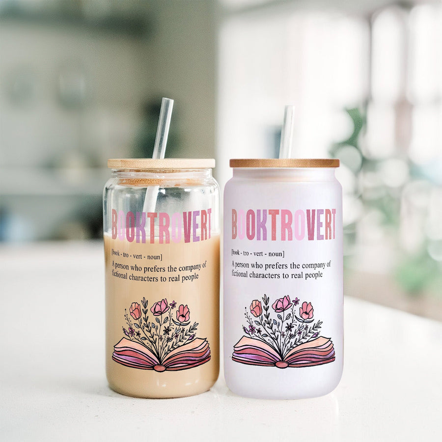 Booktrovert Glass Cup – Retro Book Lover Gift with Lid & Straw, Reusable Drinkware, Cute Tumbler, Reading Lover Present, Summer Beverage Cup - main product image