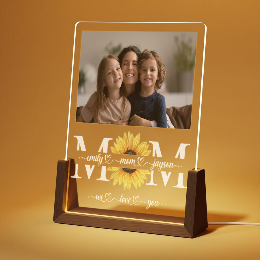 Personalized Mom Acrylic Lamp | Custom Photo Sunflower Gift for Mom | Mother’s Day Night Light | Family Keepsake with Walnut Wood Base - main product image