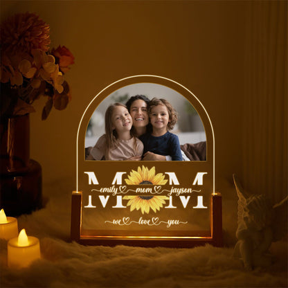 Personalized Mom Acrylic Lamp | Custom Photo Sunflower Gift for Mom | Mother’s Day Night Light | Family Keepsake with Walnut Wood Base - product image 3