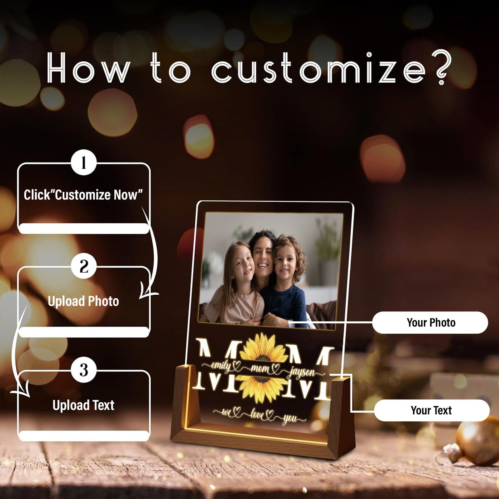 Personalized Mom Acrylic Lamp | Custom Photo Sunflower Gift for Mom | Mother’s Day Night Light | Family Keepsake with Walnut Wood Base - product image 4