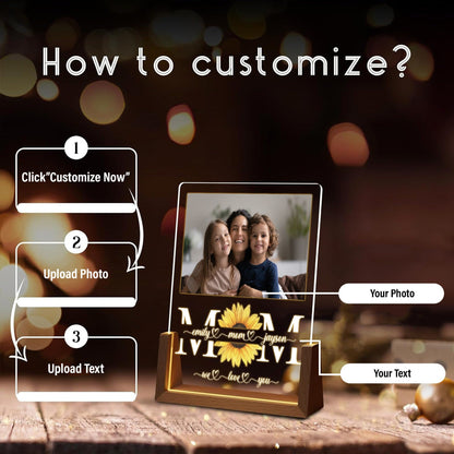 Personalized Mom Acrylic Lamp | Custom Photo Sunflower Gift for Mom | Mother’s Day Night Light | Family Keepsake with Walnut Wood Base - product image 4