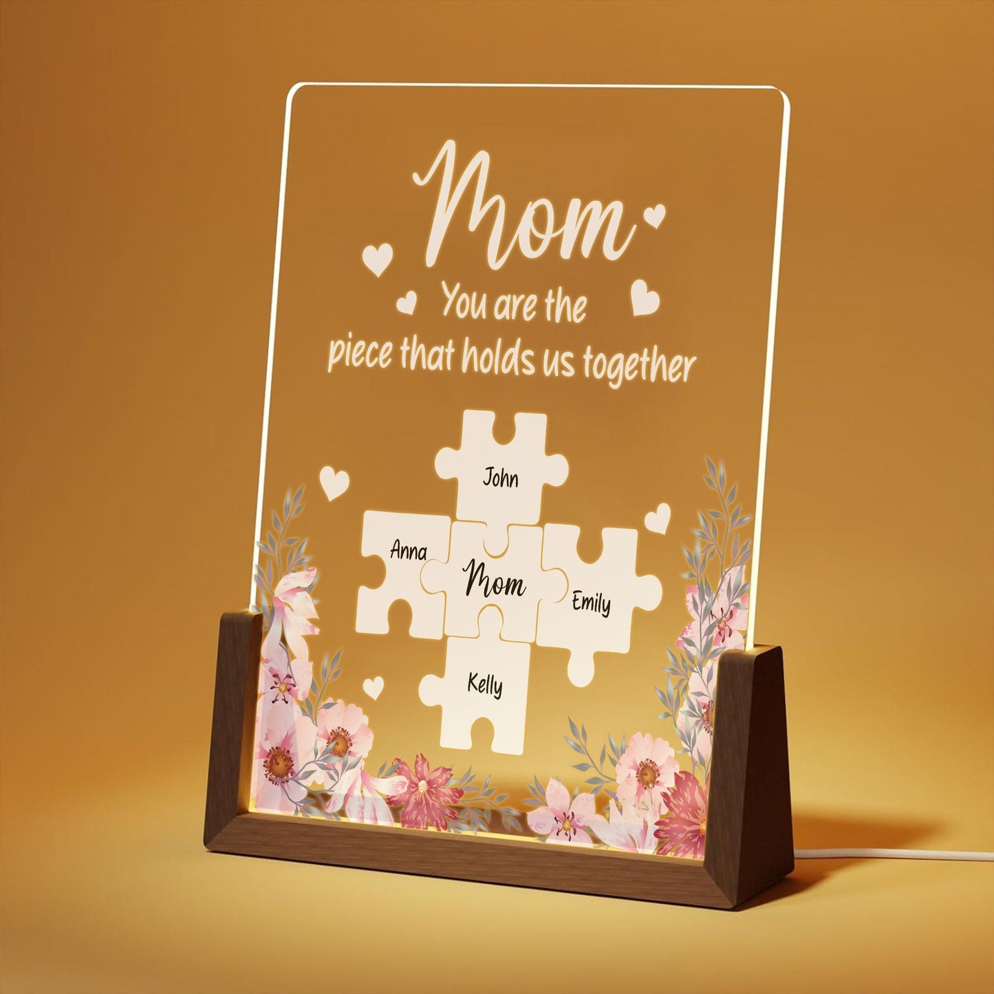 Personalized Puzzle Acrylic Lamp for Mom, Custom Family Name Light, Mother’s Day Gift with Warm Walnut Wood Base, Mothers Day Gifts - main product image