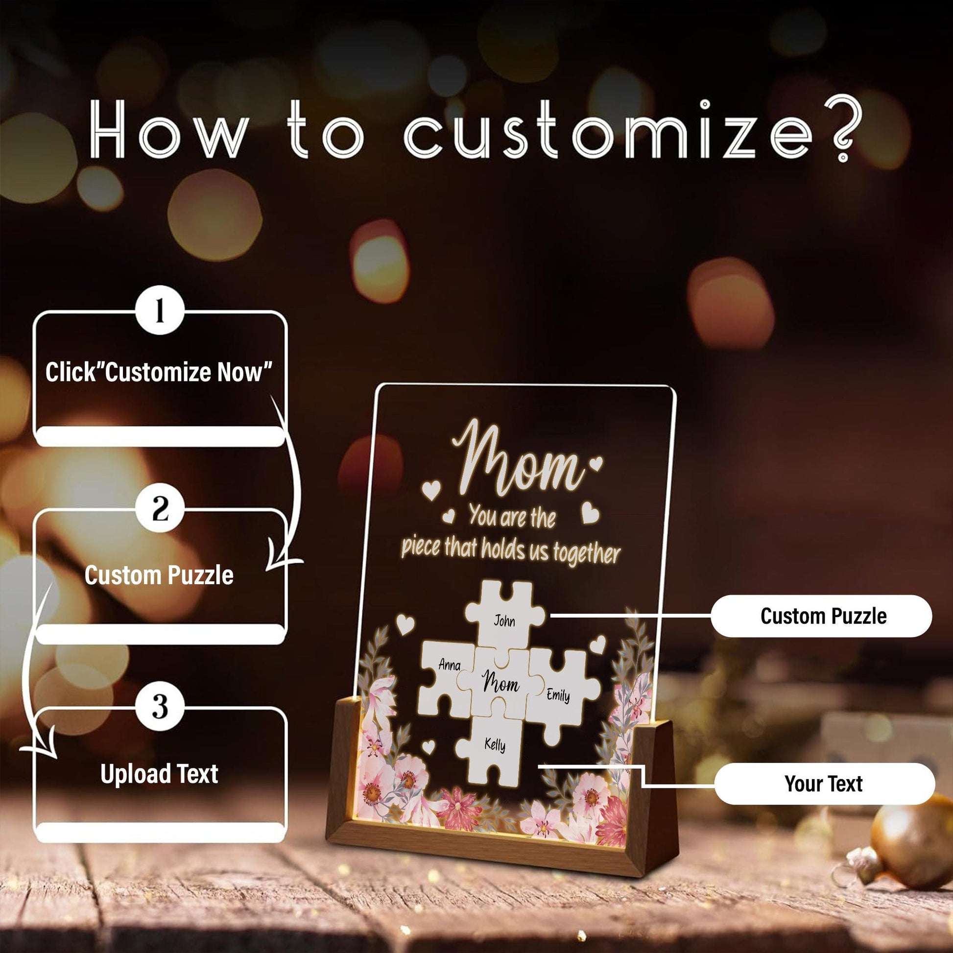 Personalized Puzzle Acrylic Lamp for Mom, Custom Family Name Light, Mother’s Day Gift with Warm Walnut Wood Base, Mothers Day Gifts - product image 4