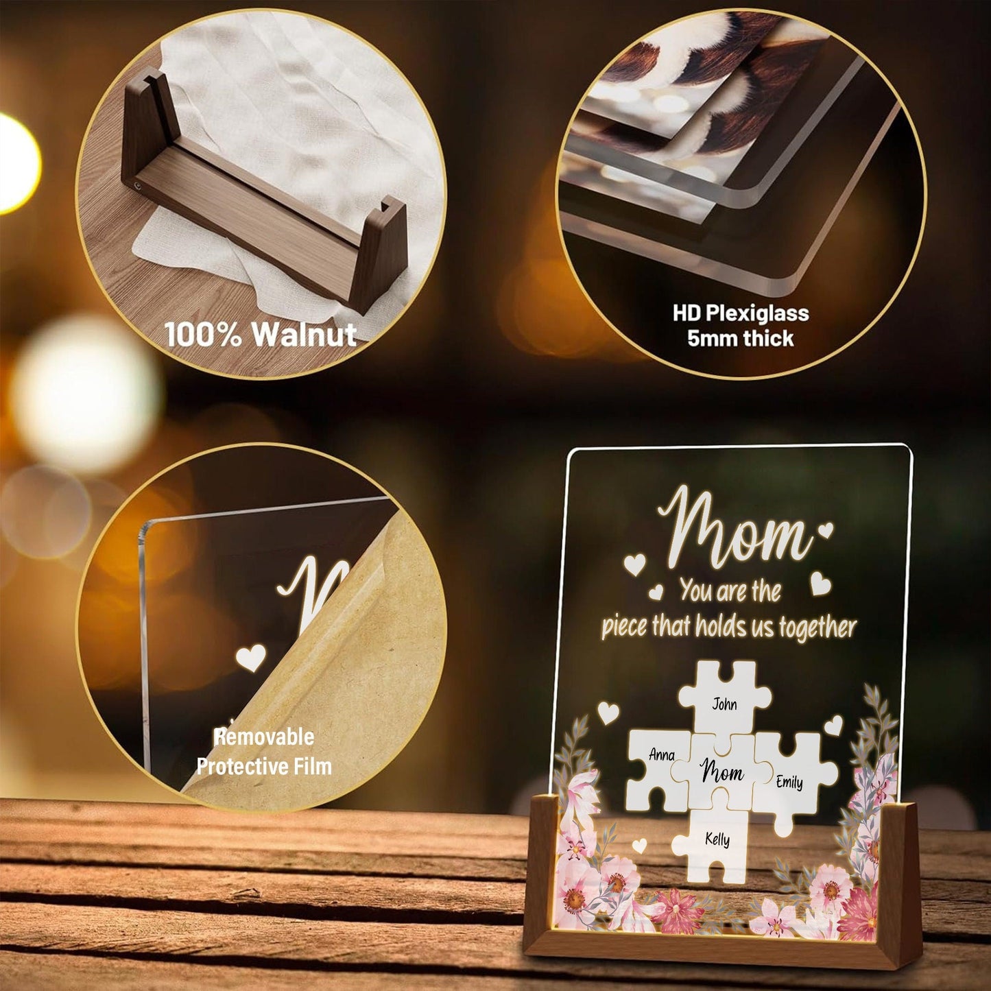 Personalized Puzzle Acrylic Lamp for Mom, Custom Family Name Light, Mother’s Day Gift with Warm Walnut Wood Base, Mothers Day Gifts - product image 3