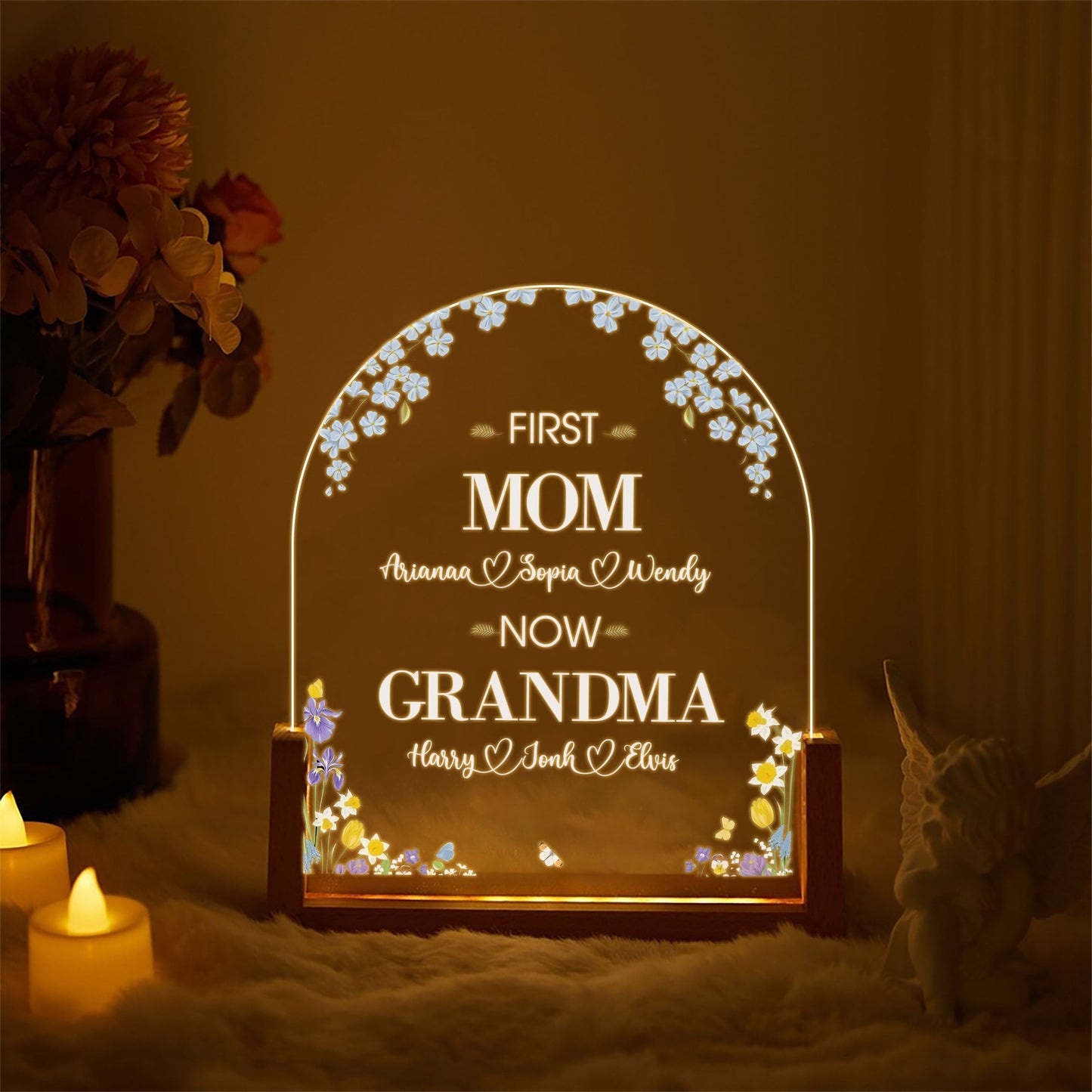 Personalized First Mom Now Grandma Acrylic Lamp, Custom Family Name Light with Flowers, Gift for Grandma with Warm Walnut Wood Base - main product image