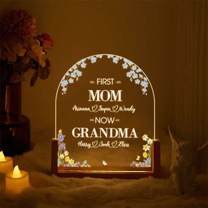 Personalized First Mom Now Grandma Acrylic Lamp, Custom Family Name Light with Flowers, Gift for Grandma with Warm Walnut Wood Base - main product image