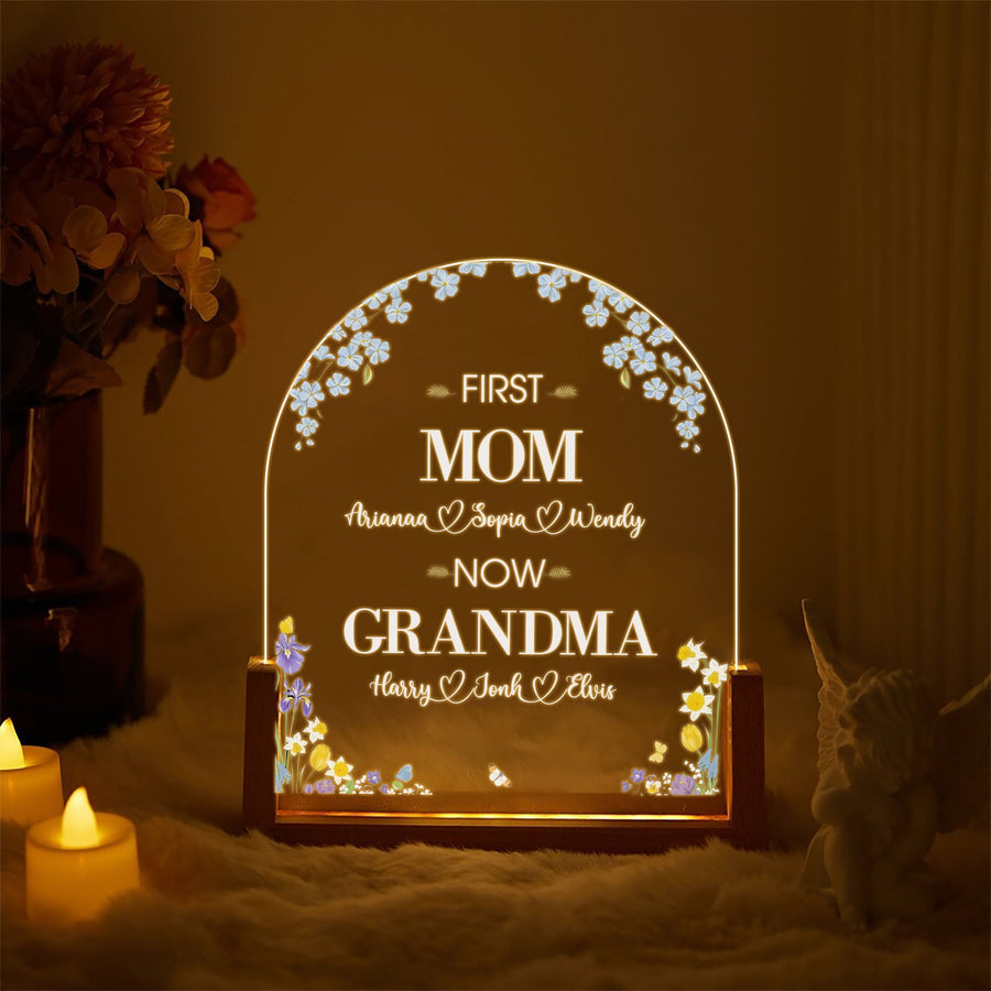 Personalized First Mom Now Grandma Acrylic Lamp, Custom Family Name Light with Flowers, Gift for Grandma with Warm Walnut Wood Base - main product image