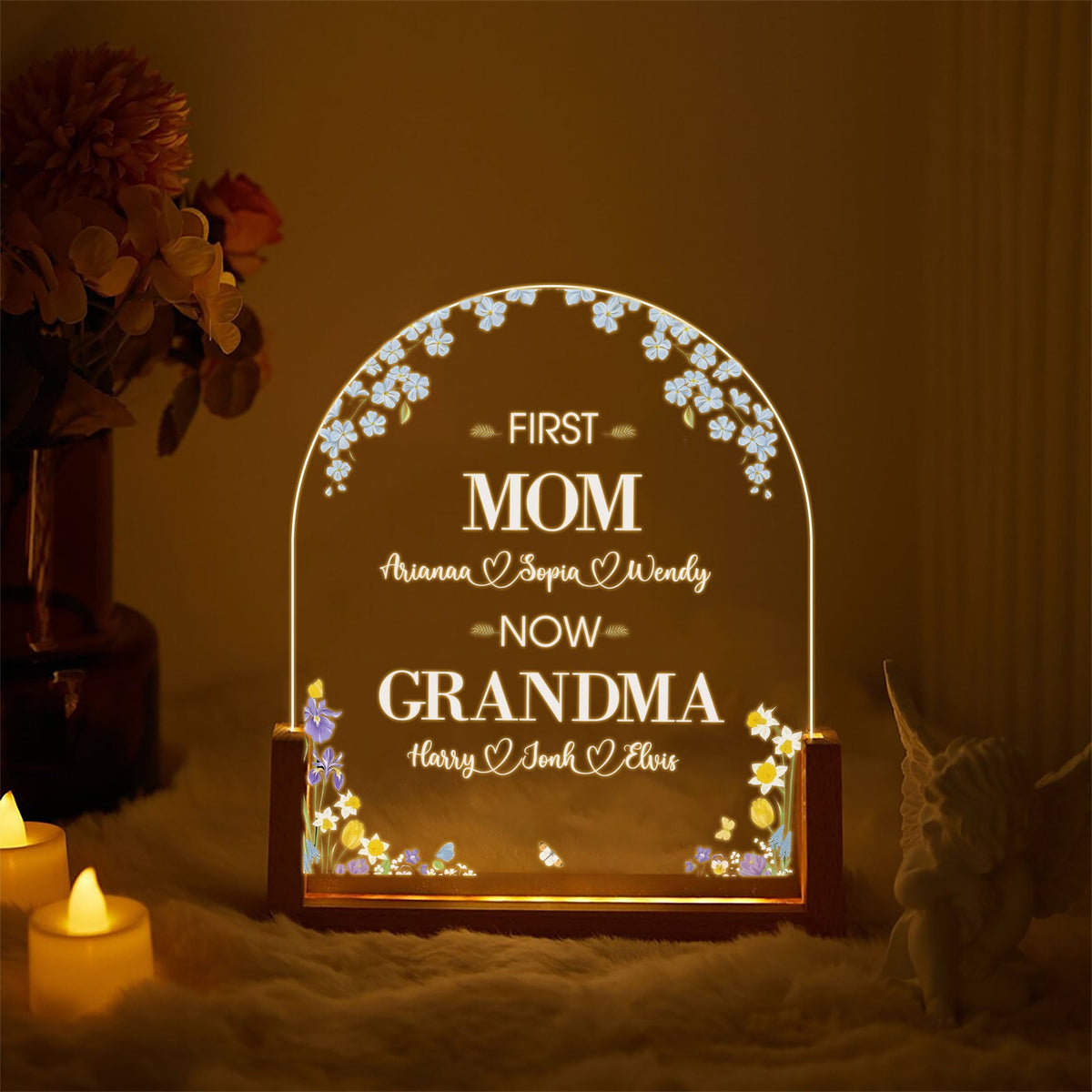 Personalized First Mom Now Grandma Acrylic Lamp, Custom Family Name Light with Flowers, Gift for Grandma with Warm Walnut Wood Base - main product image