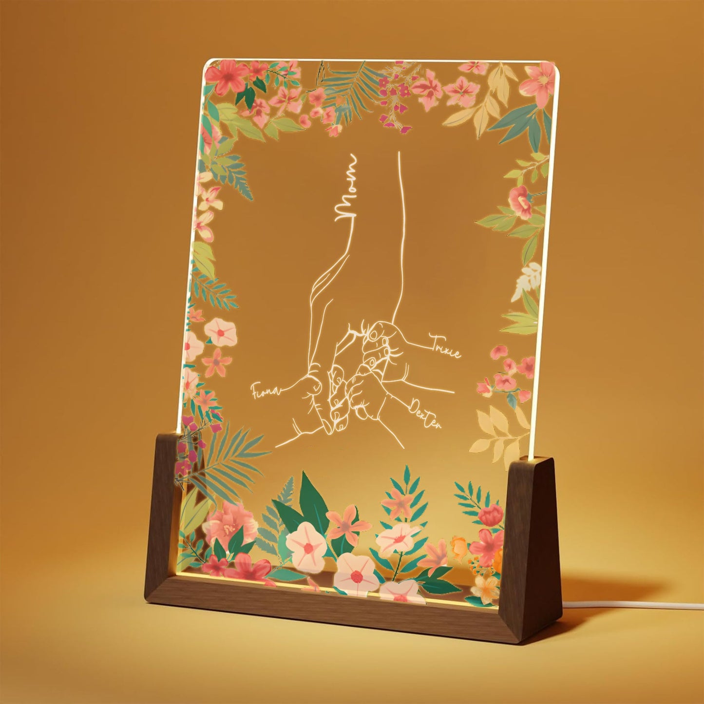 Custom Mom Lamp, Personalized Mothers Day Gift, Holding Hands Line Art Light, Floral Acrylic LED Lamp, Mother’s Day Gift from Kids - main product image