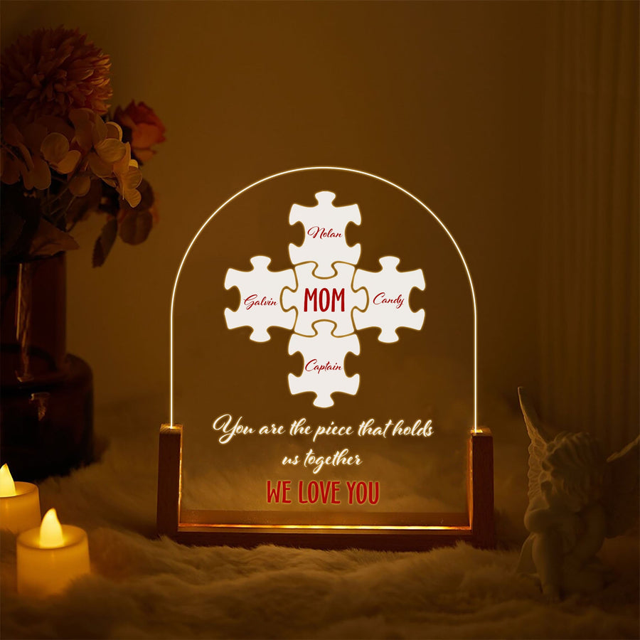 Personalized Mom Puzzle LED Light, Mothers Day Gift from Kids, You Are The Piece That Holds Us Together, Custom Family Name Acrylic Sign - main product image