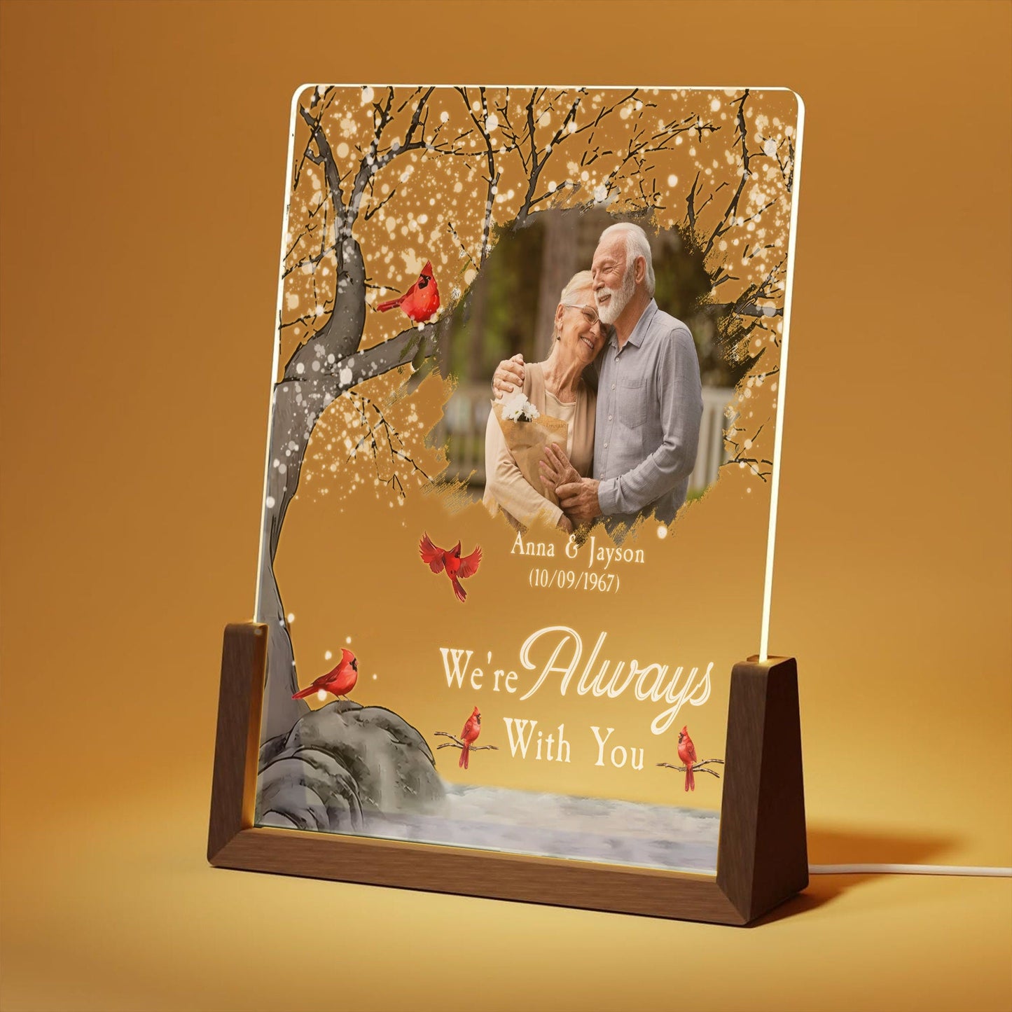 Custom Real Glass Photo Lamp, Father's Day Memorial Gift, Cardinal Sympathy Night Light, Loss of Loved One Keepsake for Dad, Grandpa Gift - main product image