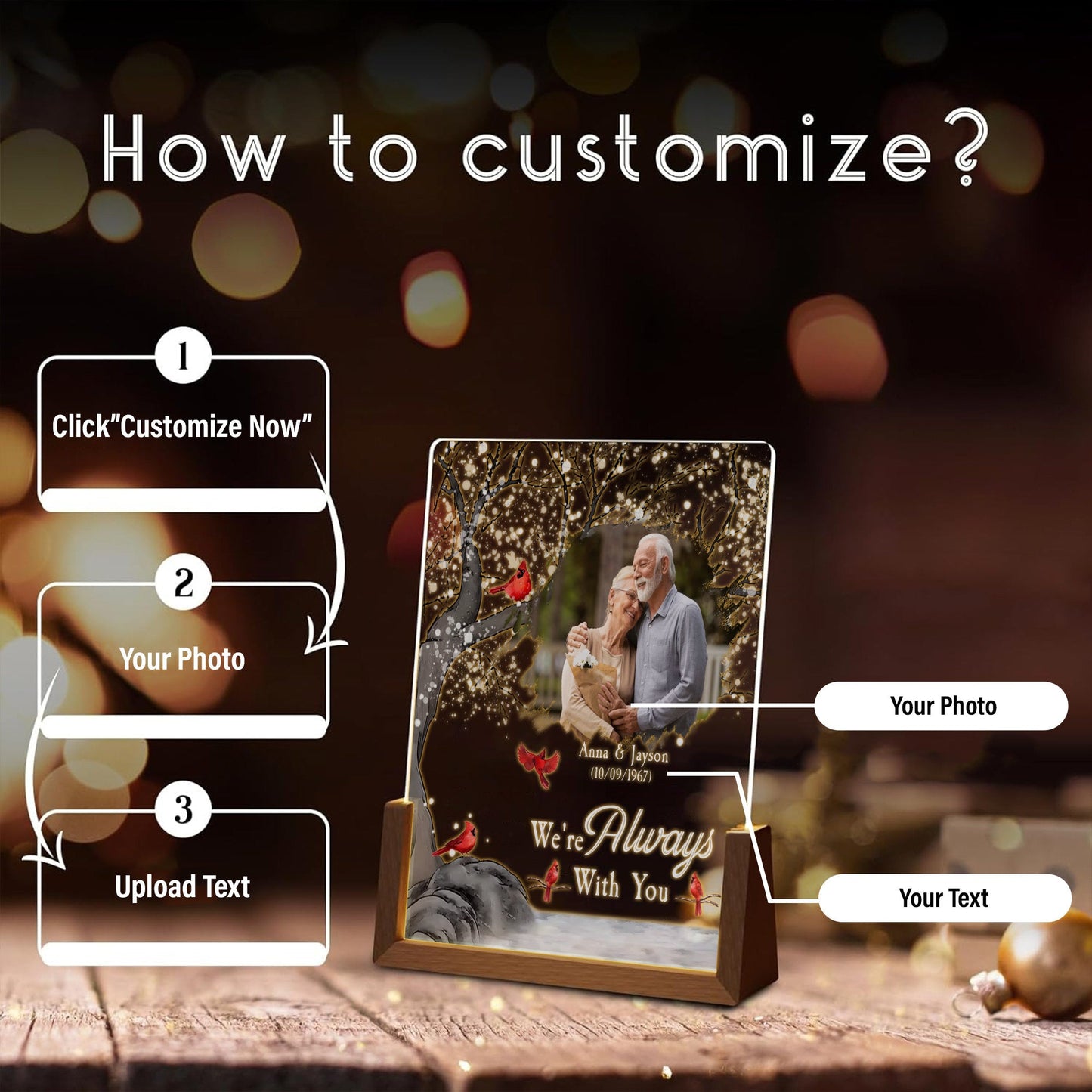Custom Real Glass Photo Lamp, Father's Day Memorial Gift, Cardinal Sympathy Night Light, Loss of Loved One Keepsake for Dad, Grandpa Gift - product image 4