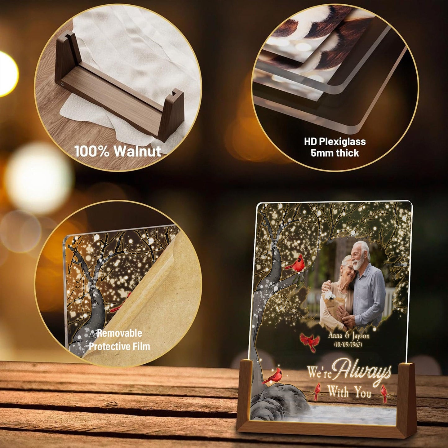 Custom Real Glass Photo Lamp, Father's Day Memorial Gift, Cardinal Sympathy Night Light, Loss of Loved One Keepsake for Dad, Grandpa Gift - product image 6