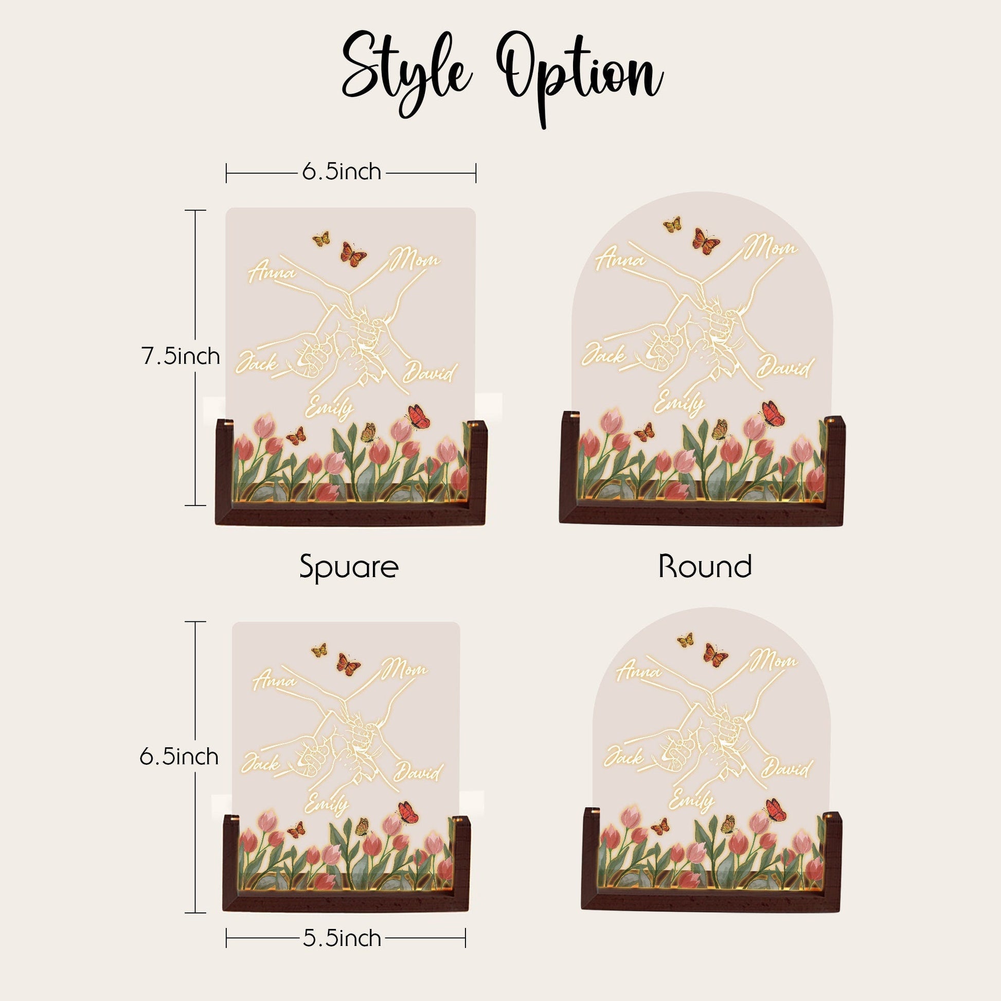 Personalized Mom and Kids Hand Acrylic Lamp |Custom Family Name Light Gift | Mother’s Day Night Light with Walnut Wood Base | Floral DecorS6 - product image 2