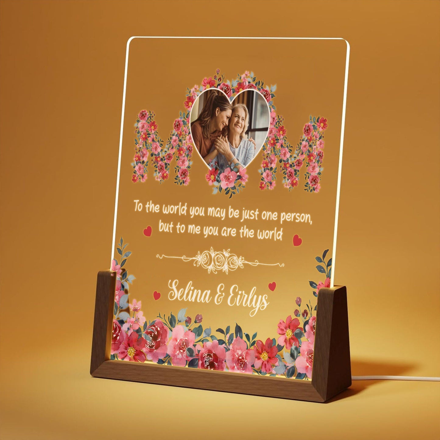 Personalized MOM Acrylic Lamp | Custom Mother’s Day Photo Gift | Floral Night Light with Walnut Wood Base | Gift for Mom from Daughter - product image 2