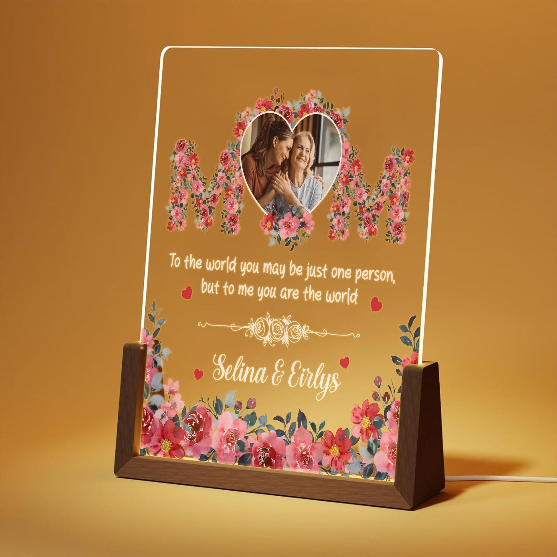 Personalized MOM Acrylic Lamp | Custom Mother’s Day Photo Gift | Floral Night Light with Walnut Wood Base | Gift for Mom from Daughter - product image 2
