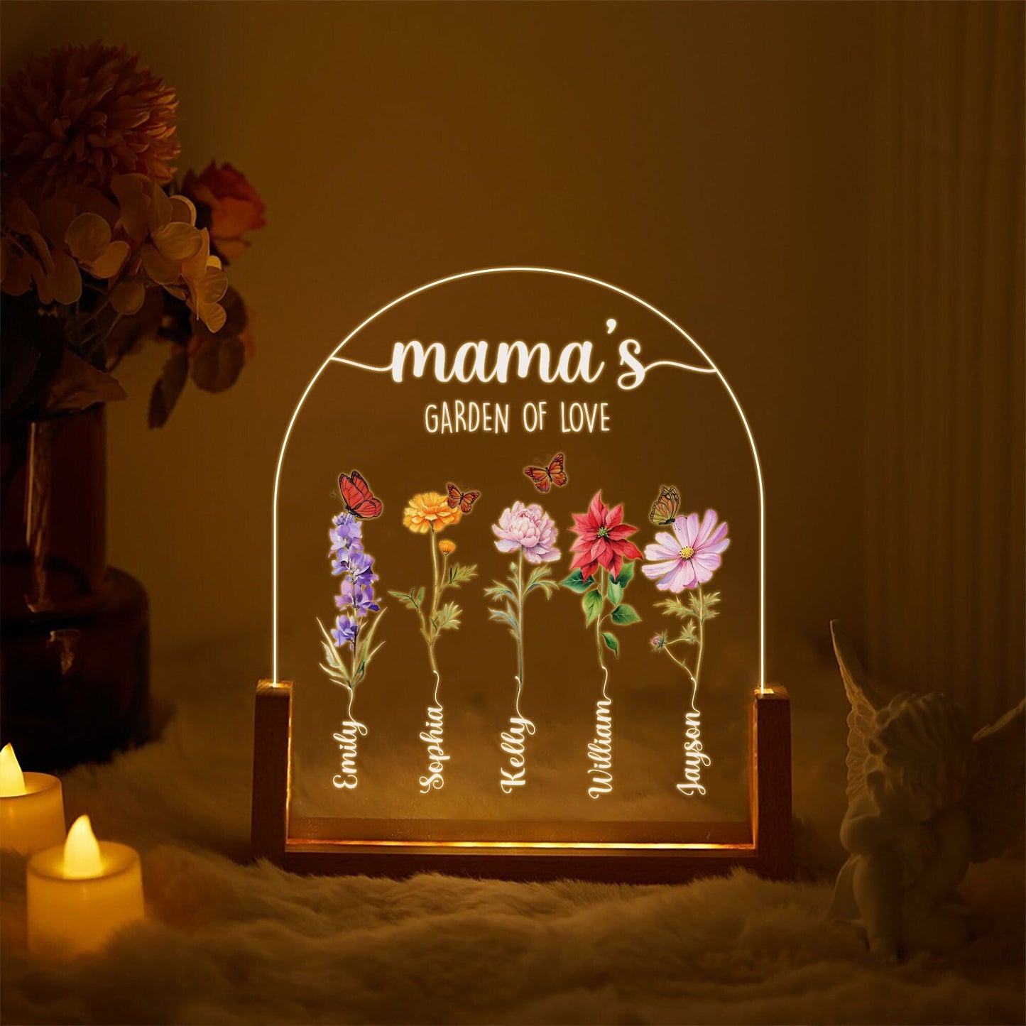 Personalized Mama’s Garden of Love Acrylic Lamp | Custom Kids Name Flower Light | Mother’s Day Gift with Walnut Wood Base | Floral Decor - product image 2