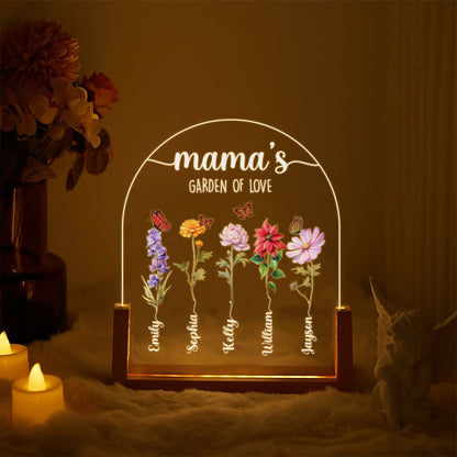 Personalized Mama’s Garden of Love Acrylic Lamp | Custom Kids Name Flower Light | Mother’s Day Gift with Walnut Wood Base | Floral Decor - product image 2