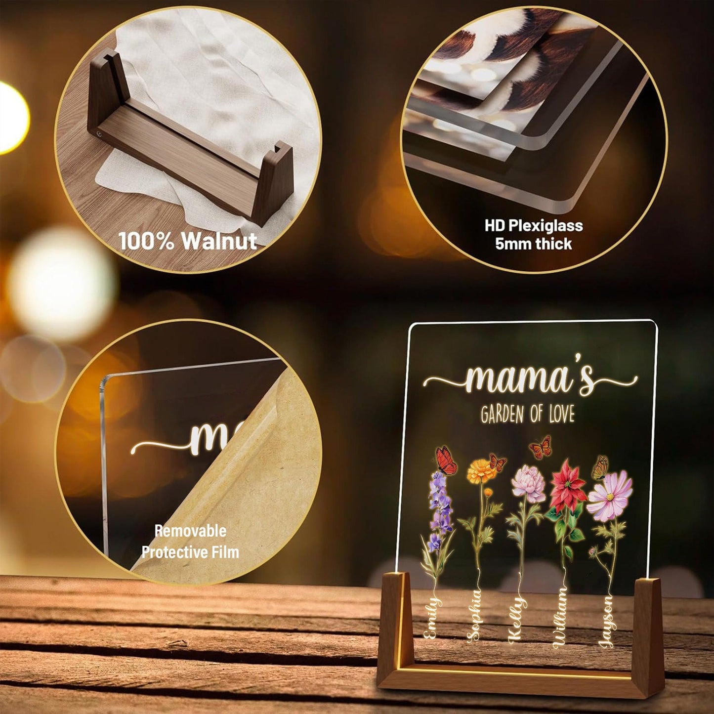 Personalized Mama’s Garden of Love Acrylic Lamp | Custom Kids Name Flower Light | Mother’s Day Gift with Walnut Wood Base | Floral Decor - product image 7