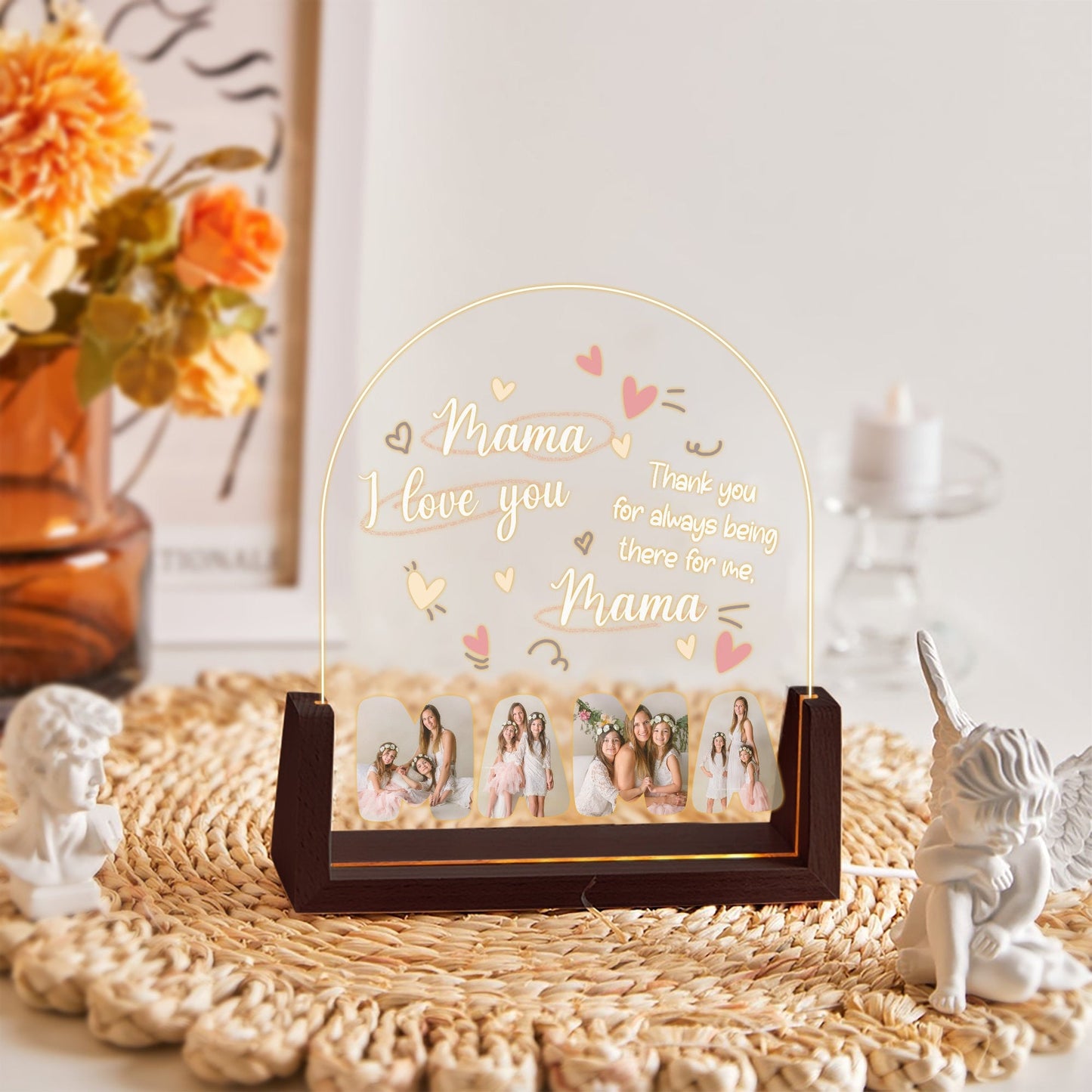 Personalized Mama Acrylic Lamp | Custom Photo Gift for Mom | Mother’s Day Night Light | I Love You Mom Keepsake with Walnut Wood Base - product image 3