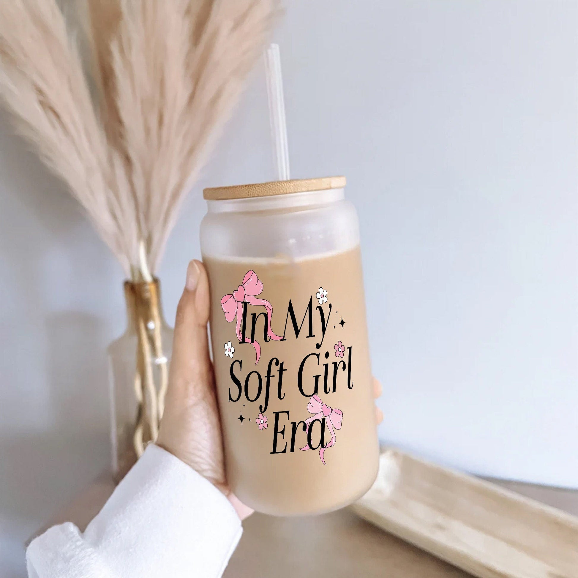 Coquette Bow Glass Can 16Oz with Bamboo Lids and Straw - Aesthetic Glass Cup - Glass Can Gifts for Bestfriend Sister Girlfriend. - product image 4