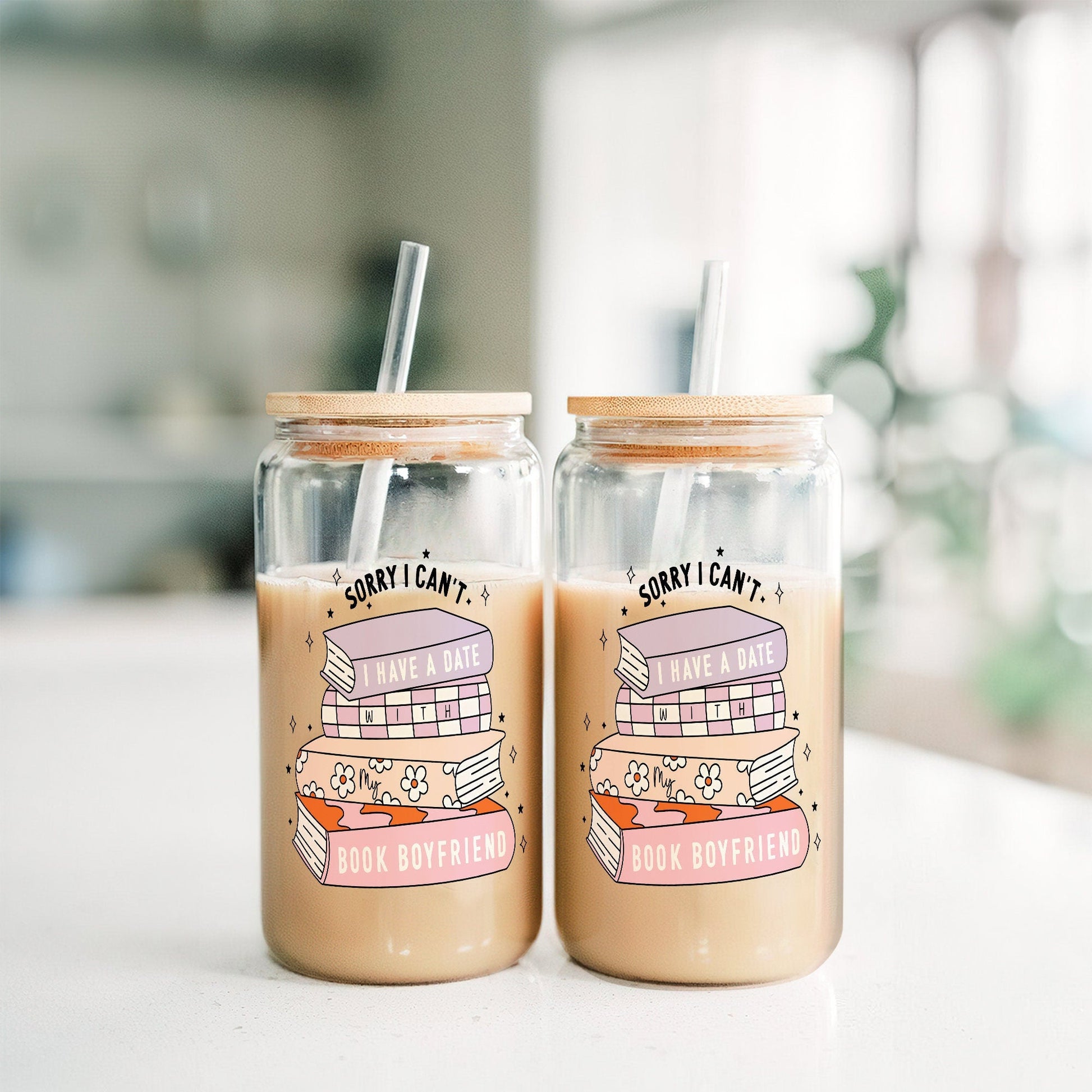 Book Boyfriend Glass Can 16oz – Floral Iced Coffee Cup with Lid & Straw, Reusable Drinkware, Gift for Her, Cute Summer Beverage Tumbler - product image 4