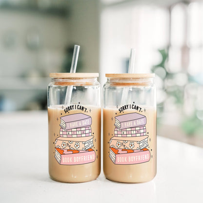 Book Boyfriend Glass Can 16oz – Floral Iced Coffee Cup with Lid & Straw, Reusable Drinkware, Gift for Her, Cute Summer Beverage Tumbler - product image 4