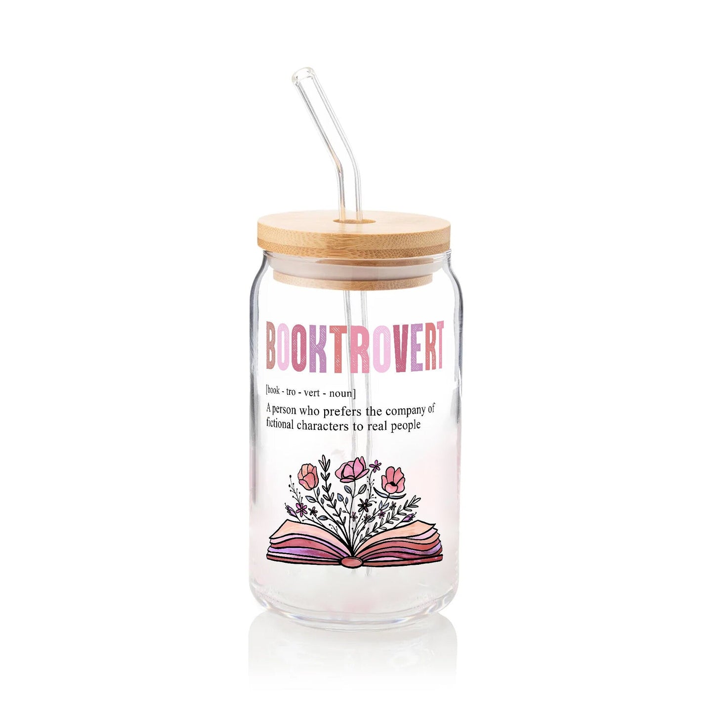 Booktrovert Glass Can: Floral Book Lover Gift with Lid & Straw - product image 2