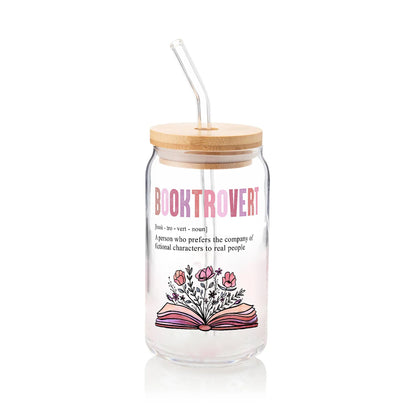 Booktrovert Glass Can: Floral Book Lover Gift with Lid & Straw - product image 2