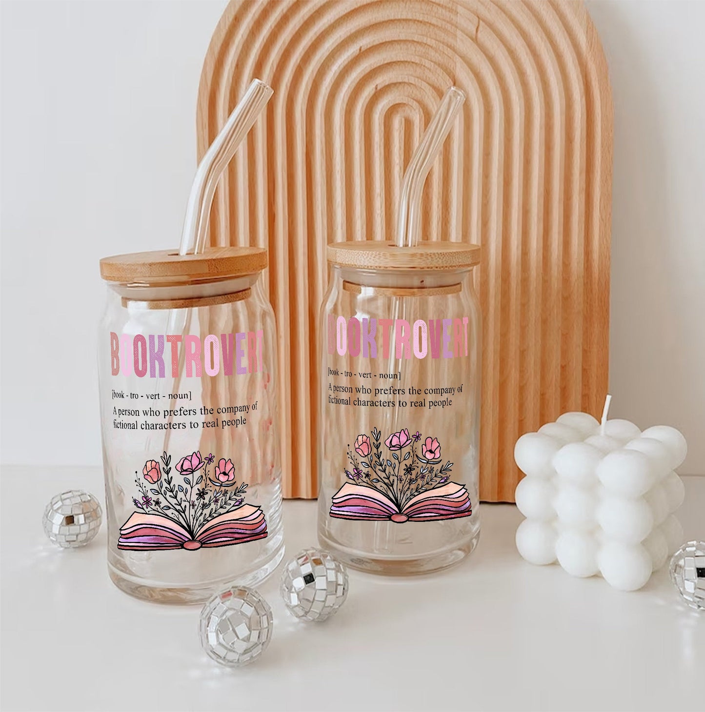 Booktrovert Glass Can: Floral Book Lover Gift with Lid & Straw - product image 6